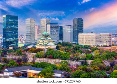 Osaka, Japan Cityscape And Castle.