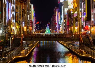 Osaka / Japan - December 25, 2014: Osaka’s Famous Dotonburi River On Christmas Evening.