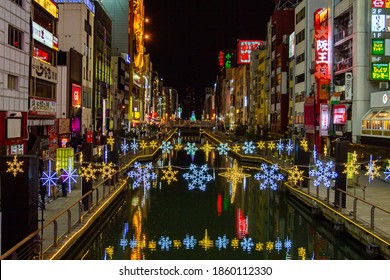 Osaka / Japan - December 25, 2014: Osaka’s Famous Dotonburi River Is Decorated For Christmas.