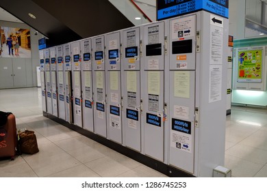 Osaka, Japan - December 3, 2018 : At Kansai International Airport there are many types coin vending machines for tourists luggage, makes traveling easy and convenient. Editorial documetary image.