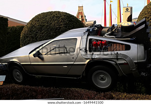 OSAKA, JAPAN - Feb 12, 2016 : Use movie of Ready Player\
One. Photo of De Lorean from Back to the Future at Universal\
Studios Japan. 