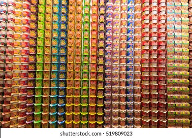 Osaka, Japan - February 14, 2016 : Stack of cup noodle at Instant Ramen museum in Osaka.