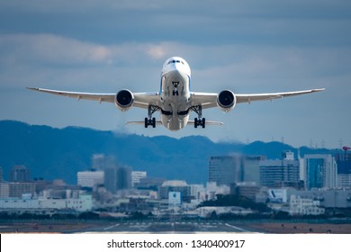 OSAKA, JAPAN - JAN. 2, 2019: ANA Boeing 787-9 Dreamliner taking off from the Itami International Airport in Osaka, Japan.