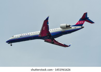 Osaka, Japan - Jun 26, 2019. JA12RJ Ibex Airlines Bombardier CRJ-702ER Landing At Osaka Itami Airport (ITM).