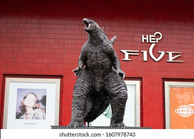 Osaka, Japan: June 23, 2019: Statue of Godzilla near HEP Five