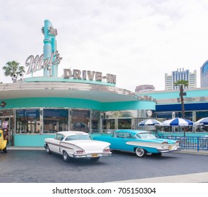 Osaka, Japan -  June2, 2015 : A photo of Mel's Drive in cafe and restaurant with vintage cars parking located in front at at Universal Studios Japan, a theme park in Osaka. Editorial use only.