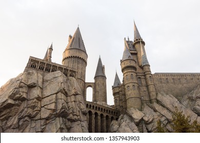 OSAKA, JAPAN - MAR 2, 2017: Universal Studios Japan (USJ). The Hogwarts castle in The Wizarding World of Harry Potter in Universal Studio Osaka.