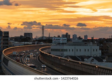 Osaka, Japan - March 2, 2019: Traffic Curves By Billboard Advertising Popular Japanese Company Next To Major Transportation Artery