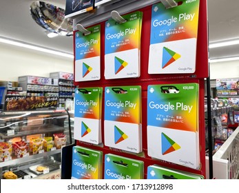 OSAKA, JAPAN - NOV 16, 2019: Google Japan Google Play Credit Reload Card Selling In Convenient Store.