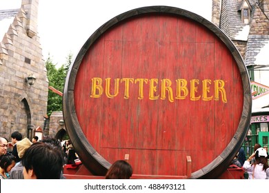 OSAKA, JAPAN - SEP 24, 2016 : Photo of Oak Barrel Containing BUTTERBEER, famous drink from Harry Potter containing 0% alcohol, at The Wizarding World of Harry Potter, Universal Studio JAPAN, Osaka. 