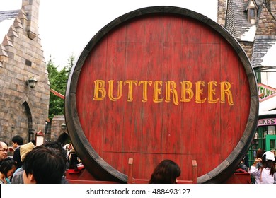 OSAKA, JAPAN - SEP 24, 2016 : Photo of Oak Barrel Containing BUTTERBEER, famous drink from Harry Potter containing 0% alcohol, at The Wizarding World of Harry Potter, Universal Studio JAPAN, Osaka. 