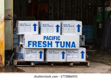 Osaka / Japan - September 28, 2017: Boxes Of Pacific Fresh Tuna In A Fishing Storage Facility In Osaka, Japan