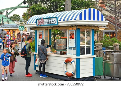 OSAKA, JP - APR. 7: Amity Village Theme Amity Bites Food Store On April 7, 2017 In Universal Studios, Osaka, Japan. Universal Studios Japan Is A Theme Park Located In Konohana-ku, Osaka, Japan.