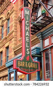 OSAKA, JP-APR. 7: New York Theme Michael's Bar And Grill Neon Signage On April 7, 2017 In Universal Studios, Osaka, Japan. Universal Studios Japan Is A Theme Park Located In Konohanaku, Japan.