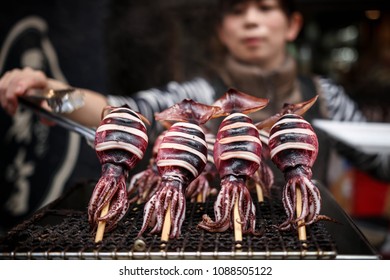 Osaka Squid Brochette In Street Market / Japan / Street Food