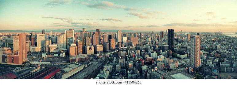 Osaka urban city rooftop view. Japan.