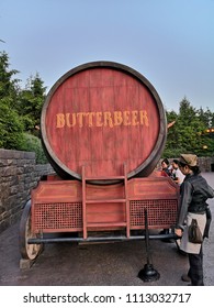 OSAKA,JAPAN -MAY11, 2018:Photo of Oak Barrel Containing BUTTERBEER, famous drink from Harry Potter containing 0% alcohol, at The Wizarding World of Harry Potter,Universal Studio JAPAN,Osaka,not focus