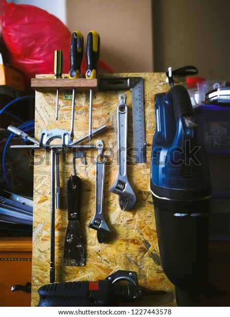 Osb Board Wooden Tool Cabinet Filled Stock Photo Edit Now 1227443578