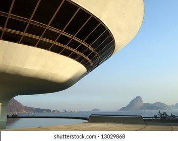 Oscar Niemeyer's Niterói Contemporary Art Museum And Sugar Loaf, In Rio De Janeiro, Brazil