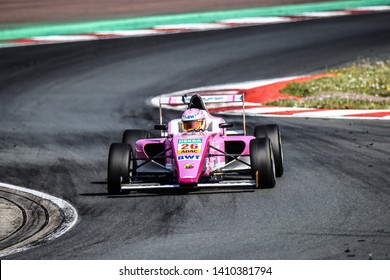 Oschersleben, Germany, April 26, 2019: Joshua Durksen Driving A Pink ADAC Berlin-Brandenburg E.V. Single-seater Car During German Formula 4 At The Motorsport Arena Oschersleben.