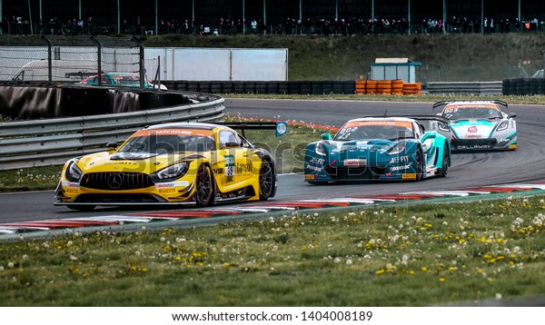 Oschersleben, Germany,\
April 27, 2019: Mercedes-AMG GT3 of Schutz Motorsport driven by\
Aidan Read and Marvin Dienst during Adac GT Master at Motorsport\
Arena\
Oschersleben.