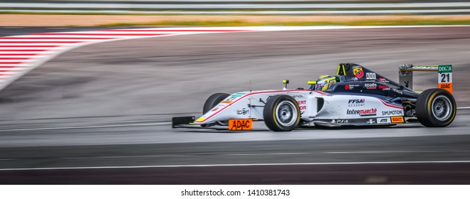 Oschersleben, Germany, April 28, 2019: Theo Pourchaire Driving A White US Racing CHRS Single-seater Car During ADAC Formula 4 At The Motorsport Arena Oschersleben.