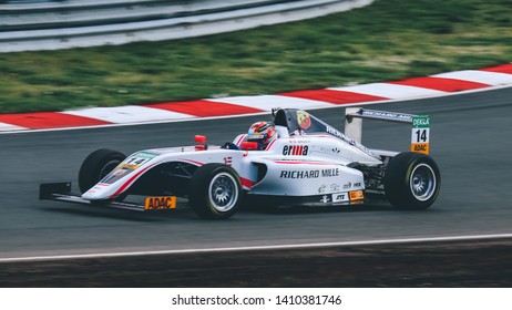 Oschersleben, Germany, April 28, 2019: Gregoire Saucy Driving A White R-ace GP Single-seater Car During ADAC Formula 4 At The Motorsport Arena Oschersleben.