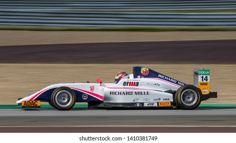 Oschersleben, Germany, April 28, 2019: Swiss Driver Gregoire Saucy Driving A White R-ace GP Single-seater Car During ADAC Formula 4 At The Motorsport Arena Oschersleben.