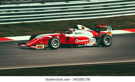 Oschersleben, Germany, April 28, 2019: Alessandro Famularo Driving A Red Prema Powerteam Single-seater Car During ADAC Formula 4 At The Motorsport Arena Oschersleben.