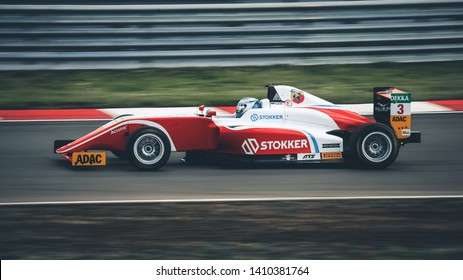 Oschersleben, Germany, April 28, 2019: Paul Aron Driving A Red Prema Theodore Racing During Adac Formula 4 At The Motorsport Arena Oschersleben.