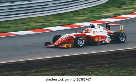 Oschersleben, Germany, April 28, 2019: Gianluca Petecof Driving A Red Prema Theodore Racing During Adac Formula 4 At The Motorsport Arena Oschersleben.