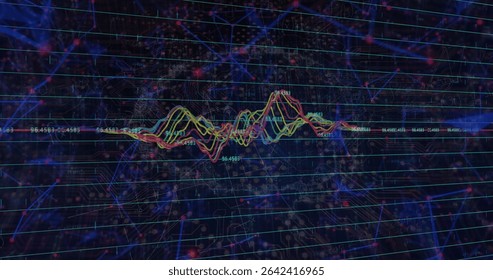 Oscillating red green yellow waveforms undulating in data interface, with glowing network nodes. Data, visualization, technology, digital, abstract, futurism, analytics