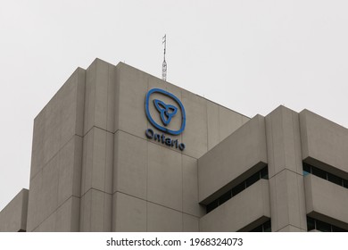 Oshawa, Canada, May 4, 2021; The Ontario Government Trillium Emblem On A Government Building In The City Of Oshawa, Ontario