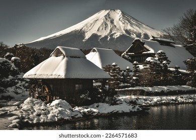 Oshino Hakkai and Mt Fuji on a snowy morning, Yamanashi prefecture, Japan