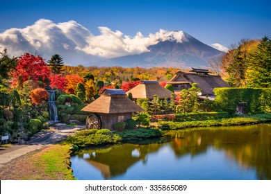 Oshino, Japan historic thatch roof farmhouses with Mt. Fuji. - Powered by Shutterstock