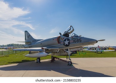OSHKOSH, UNITED STATES - Jul 25, 2021: A closeup of the Grey vintage navy warbird jet