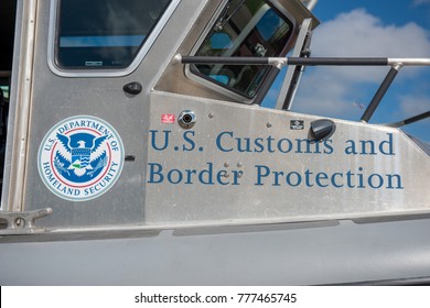 Oshkosh, WI - 24 July 2017:  A US Customs And Border Control Homeland Security Sign On A Boat