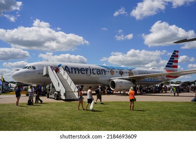 Oshkosh, Wisconsin USA - July 30th, 2022: American Airlines Medal Of Honor Yellow Ribbon Flight Preparing For Take Off At EAA AirVenture Oshkosh.