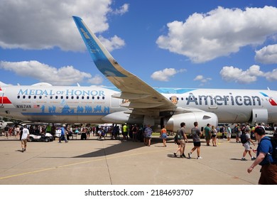 Oshkosh, Wisconsin USA - July 30th, 2022: American Airlines Medal Of Honor Yellow Ribbon Flight Preparing For Take Off At EAA AirVenture Oshkosh.