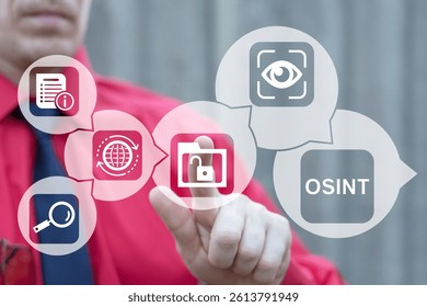 OSINT or Open Source INTelligence Investigation Volunteering Social Surveillance Concept. Open data access. Open source analysis. Cyber analytics. Data gathering. Open data database.