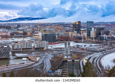 Oslo Aerial View City Skyline At Business District And Barcode Project, Oslo Norway