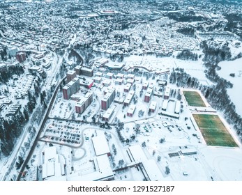 Oslo City Aerial View From Drone, Snow Covered Soccerfield 