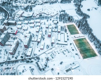 Oslo City Aerial View From Drone, Snow Covered Soccerfield 