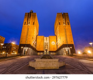 Oslo City Hall At Night In Norway.