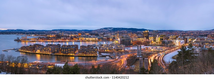 Oslo Night Aerial View City Skyline Panorama At Business District And Barcode Project, Oslo Norway