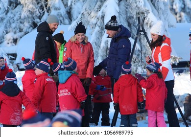 Oslo, Norway - 02/02/2018: Prince William And Kate, Duke And Duchess Of Cambridge, With Crown Prince Haakon And Crown Princess Mette Marit In Holmenkollen With Children To Watch Ski.