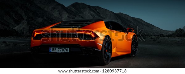 Oslo, Norway, 03.06.2016: Lamborghini\
Huracan. Electronic assembly with Moroccan\
landscape.