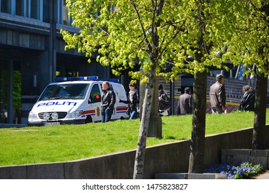 Oslo, Norway -05-10-2014: Police Car Patrolling In Front Of Radisson Blu Plaza Hotel