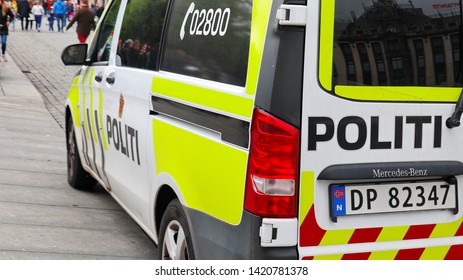 Oslo, Norway -05-11-2019: Close up of a police car in Oslo downtown. Police is securing a demonstration. Oslo Police District is the largest police district in Norway. 
