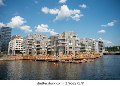 Oslo. Oslo /  Norway - 06 28 2020: Summer Day In Oslo City.People Sunbathing And Swimming. View On The Downtown And Sea.